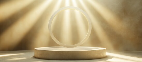 Aufkleber - Elegant white stage podium featuring a luminous hollow circle, illuminated by warm sunbeams in a serene empty space for text, golden tones.