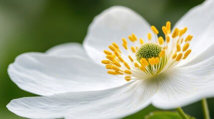 Poster - Delicate white flower with yellow stamens and green center on blurred green background Copy Space