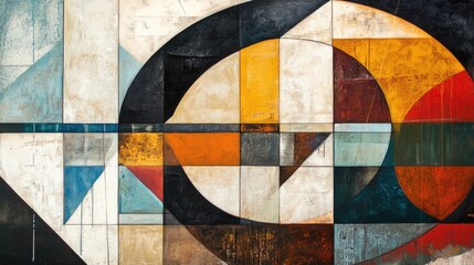 Fototapete - Abstract geometric composition featuring a blend of shapes and muted colors with textured effects and Copy Space for text placement.