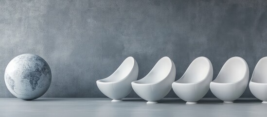 Aufkleber - Modern design scene featuring white spherical chairs arranged around a textured gray globe on a minimalist gray background with ample empty space for creative text.