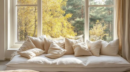 Aufkleber - Serene white sofa adorned with pastel cushions beside large window framing golden autumn trees in stylish home interior setting