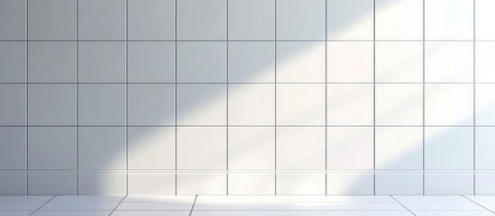 Fototapete - White tiled wall with shadows and bright light creating a minimalist background with copy space.