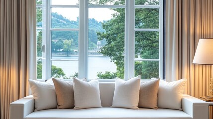 Aufkleber - Elegant white sofa by large windows showcasing a tranquil scenic view of lush greenery and water reflections in natural light.