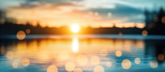 Poster - Sunset over lake with blurred foreground circles and reflections, warm colors, soft focus, Copy Space