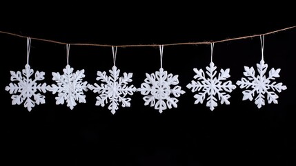 Poster - Decorative White Snowflakes Suspended on a String Against a Black Background for Holiday or Christmas Themes