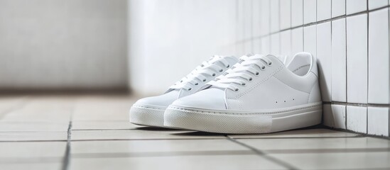 Aufkleber - Minimalist White Sneakers Resting on Light Gray Tiled Floor with Soft Shadows Against Clean White Wall Featuring Ample Copy Space
