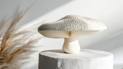 Aufkleber - Elegant white shelf mushroom displayed on a pedestal with soft shadows and neutral tones creating a serene and minimalist aesthetic