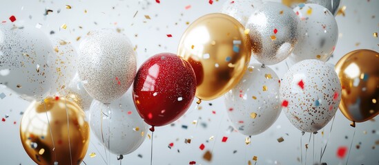 Aufkleber - Festive arrangement of white gold red and silver balloons with colorful confetti on a light background creating space for elegant text decoration