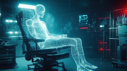 Poster - Futuristic Cybernetic Human Design In Sci-Fi Lab Environment with Neon Lights and Advanced Technology Presenting Future Possibilities of Artificial Intelligence and Robotics