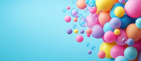 Aufkleber - Colorful carnival party background featuring vibrant pink, yellow, blue, and purple bubble balls and balloons against a light blue backdrop with empty space for text.