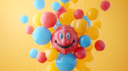 Wall Mural - 3D rendering of a red smiling balloon surrounded by a bunch of variously-colored balloons on a yellow background.