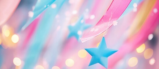 Aufkleber - Vibrant Pink and Blue Blurred Carnival Background with Stars and Bokeh Lights Ideal for Festive Text Overlays Celebratory Atmosphere