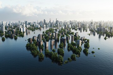 Wall Mural - A futuristic cityscape partially submerged in water, featuring high-rise buildings surrounded by greenery, reflecting climate change and urban adaptation.