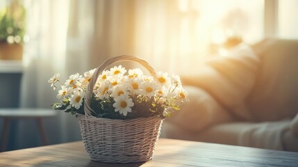 Sticker - Cozy indoor scene featuring a white wicker basket filled with vibrant flowers resting on a wooden table, illuminated by warm morning sunlight.