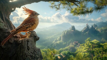 Sticker - Majestic crested bird perched on a tree overlooking a sunlit mountain range.