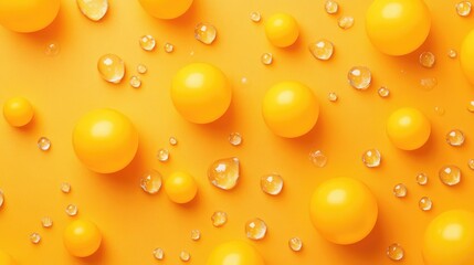 Wall Mural - Bright Yellow Balloons Arranged on a Vivid Orange Background with Water Droplets in a Flat Lay Composition