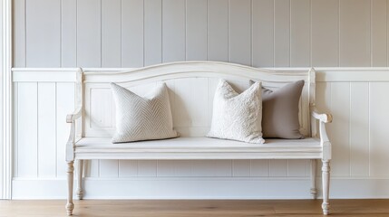 Sticker - Elegant White Wooden Bench with Soft Decorative Pillows in Bright Neutral Living Room Interior, Featuring Subtle Textures and Warm Wooden Flooring