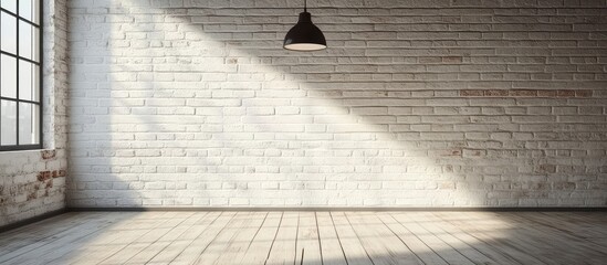 Poster - Bright Whitewashed Brick Wall Texture with Soft Natural Light Casting Shadows Across a Minimalist Interior Space Ideal for Text Placement