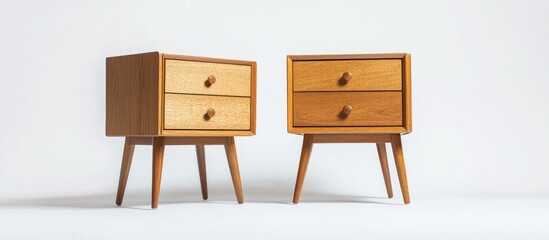 Fototapete - Wooden bedside tables with drawers in natural tones styled against a white background ideal for home decor and furniture showcases