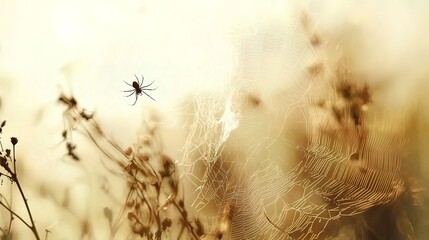 Spider on a web in a sunlit meadow.