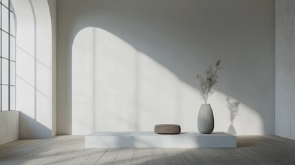 Aufkleber - Minimalist interior showcasing a white wall and wooden floor with natural light casting shadows, featuring a modern vase and decorative stone on a showcase platform