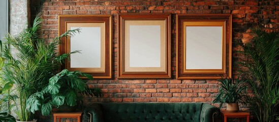 Fototapete - Wooden empty frames with greenery on a brick wall in a stylish living room ideal for interior design and decor inspiration
