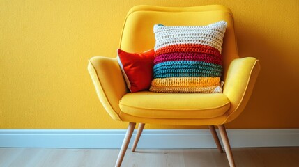 Fototapete - Bright yellow chair adorned with a vibrant knitted pillow against a cheerful yellow wall showcasing modern interior design aesthetics.