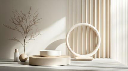 Aufkleber - Elegant white wooden circular displays on soft light grey backdrop with minimalistic beauty product showcase under gentle natural light.