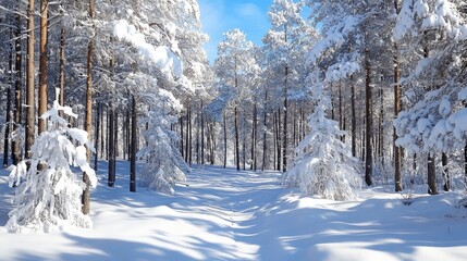 Wall Mural - Serene winter forest landscape with snow-covered trees and a clear blue sky creating a peaceful and tranquil atmosphere.