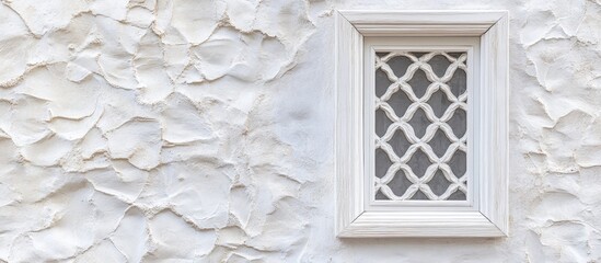 Poster - Detailed white wooden window frame with decorative lattice design on a textured wall perfect for interior decor inspiration and design ideas