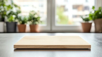 Aufkleber - Minimalistic wooden tabletop with blurred urban marketplace background and green potted plants, soft natural light in interior setting.
