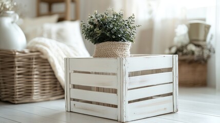 Aufkleber - Cozy white wooden crate with potted greenery on light wooden floor in sunlit interior, creating a natural and inviting ambiance