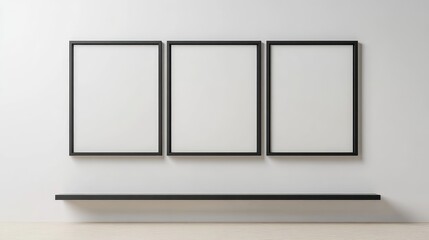 Aufkleber - Horizontal mockup of three empty black frames on a minimalist white wall, featuring a sleek shelf below, ideal for showcasing artwork or photos.