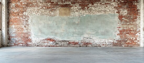 Poster - Weathered Whitewashed Brick Wall with Subtle Mint Green Space for Creative Design in Urban Loft Interior Environment