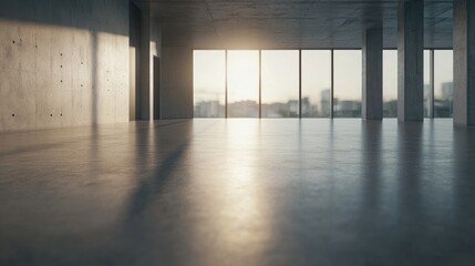 Canvas Print - Bright Morning Light Streaming Through Large Windows in an Empty Corporate Office with Concrete Walls and Polished Floor Reflecting Sunlight