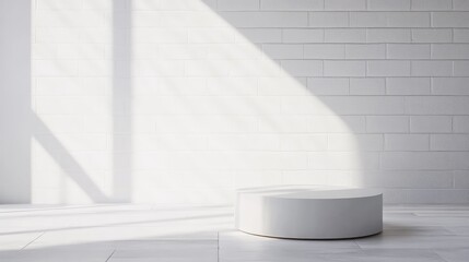 Aufkleber - Bright Minimalist White Brick Wall with Round White Pedestal and Sunlight Casting Shadows, Ideal for Clean Product Display and Advertising