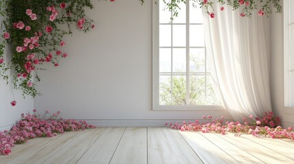 Aufkleber - Bright and Airy Interior with White Walls, Wooden Floor, Floral Decorations, and Soft White Curtains in Sunlit Space