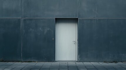Aufkleber - Minimalist White Wooden Door Against Textured Dark Gray Wall with Concrete Paving Stones, Modern Architectural Design Elements for Contemporary Spaces