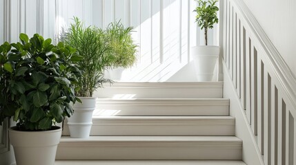 Aufkleber - Bright White Wooden Staircase with Lush Green Potted Plants in Modern Interior, Soft Natural Light Streaming Through Windows