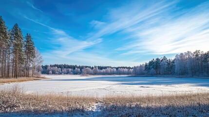 Wall Mural - Serene winter landscape with a frozen field under a clear blue sky surrounded by coniferous trees and frosty shrubs