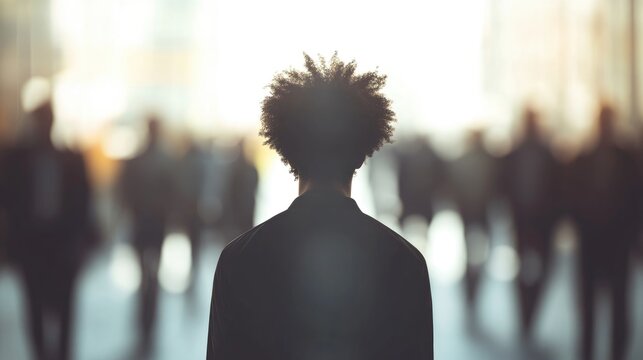 Afro man standing confidently amidst a blurred business team background for professional and creative text placement.