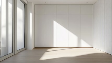 Aufkleber - Bright and Minimalist White Wooden Cabinet in Spacious Sunny Room with Natural Light and Neutral Tones on Floor and Walls