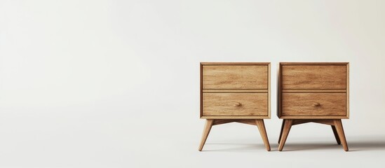 Fototapete - Wooden bedside tables with drawers showcasing modern design against a minimalist white background ideal for home decor or furniture displays