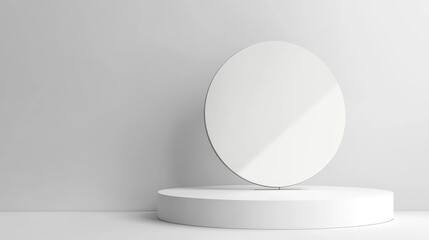 Wall Mural - Elegant white podium showcasing a circular mirror and beauty products in a minimalist setting, accentuated by soft light against a pristine white backdrop.