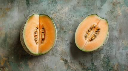 Wall Mural - Organic ripe cantaloupe melons whole and halved on textured gray background top view fresh fruit display with neutral tones and natural lighting