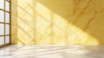 Fototapete - Yellow Textured Wall with Natural Lighting and Marble Effect Ceramic Floor in Minimalist Interior Design Setting