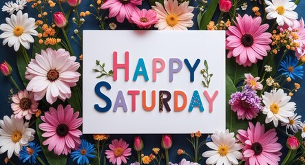  happy Saturday lettering on plain white card on bouquet of flowers background