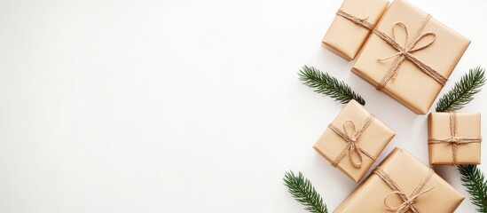 Wall Mural - Rustic gift boxes wrapped in brown paper with twine and pine branches arranged on a soft white background for seasonal decoration and text space.