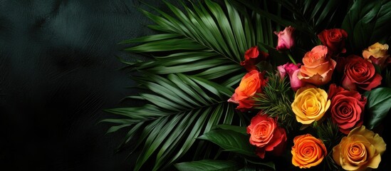 Canvas Print - Vibrant bouquet of roses and palm leaves with assorted flowers set against a dark background ideal for elegant text placement