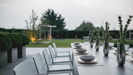 Wall Mural - Elegant outdoor dining setting with garden view